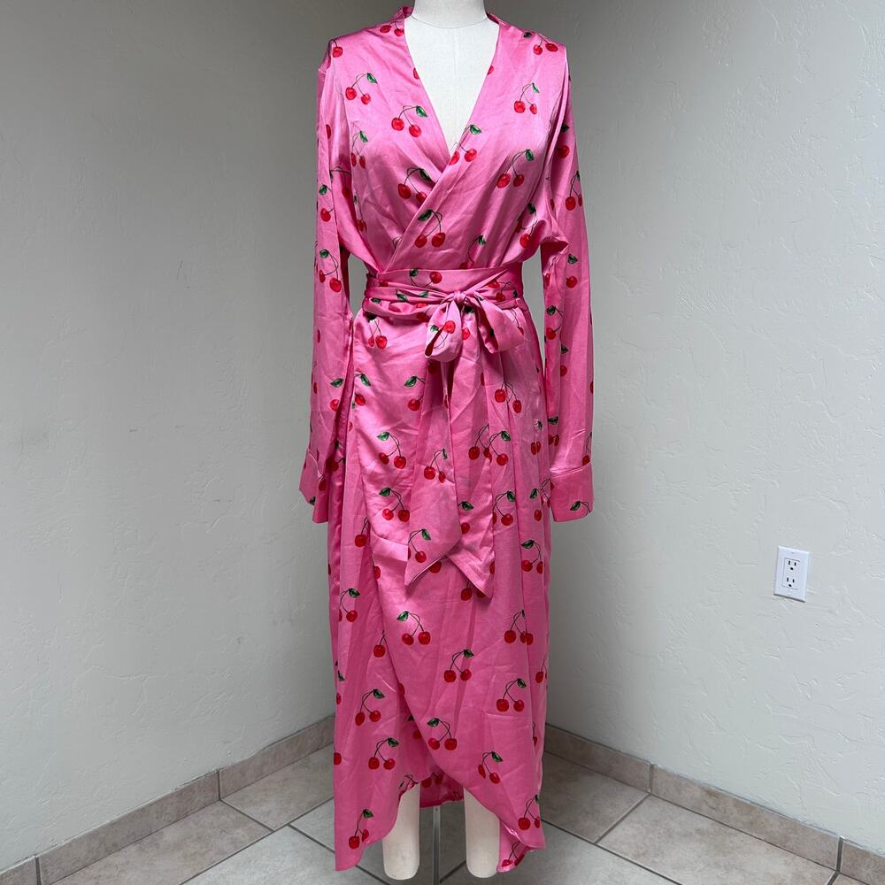 Never Fully Dressed Pink Cherry-Print Midi Wrap Dress